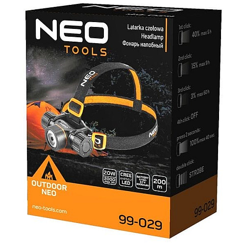 Фонарь налобный аккумулятор/батарейки Neo Tools, 4000мА·ч или ААх3, 2000лм, 20Вт, 5 функций освещения, IPX4
