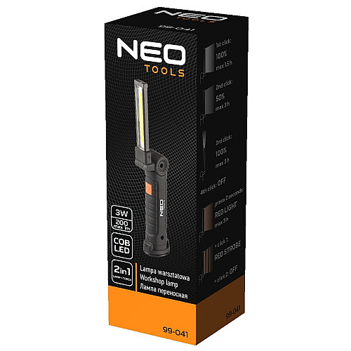 Фонарь инспекционный аккумуляторный Neo Tools, 1200мА·ч, 200лм, 3Вт, 2в1, лампа+фонарь, состоит, 5 функций освещения, красный свет, IP20