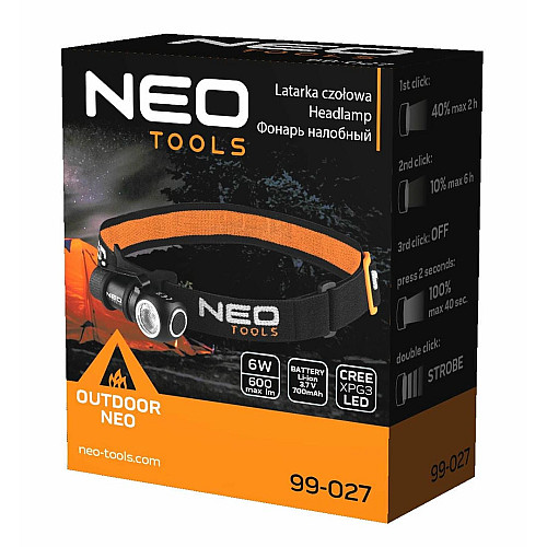 Фонарь налобный аккумуляторный Neo Tools, 700мА·ч, 600лм, 6Вт, 4 функции освещения, IPX4
