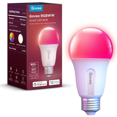 Лампа розумна Govee H6004, E27, 9W, 800Lm, 2700K-6400K, RGB, WI-FI/Bluetooth, білий