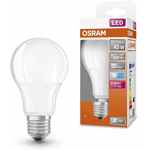 Лампа OSRAM LED E27 6,5Вт 4000K 600Лм CLA65 низьковольтна 12-36В