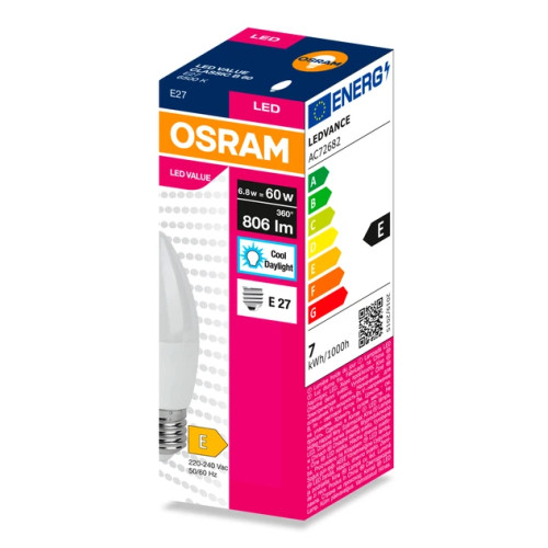 Лампа OSRAM LED E27 6.8Вт 3000К 806Лм В60 VALUE
