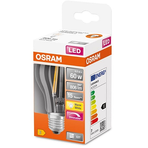Лампа OSRAM LED E27 7Вт 2700K 806Лм A60 філаментна