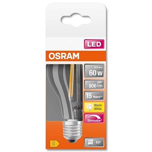Лампа OSRAM LED E27 7Вт 2700K 806Лм A60 філаментна