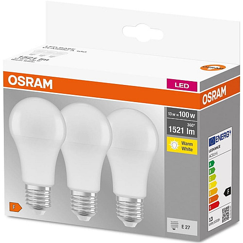 Набір ламп 3шт OSRAM LED E27 13Вт 2700К 1520Лм A60