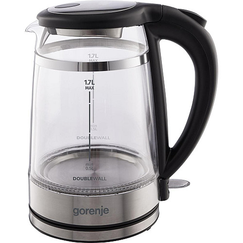 Электрочайник Gorenje 1.7л, 2,200 Вт, strix контроль, стекло, черный