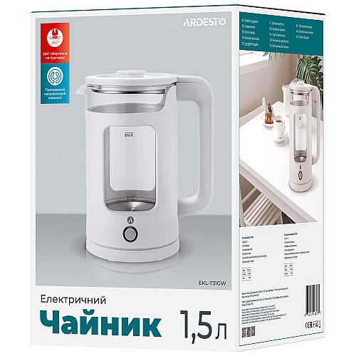 Електрочайник ARDESTO 1.5л, скло+пластик, білий
