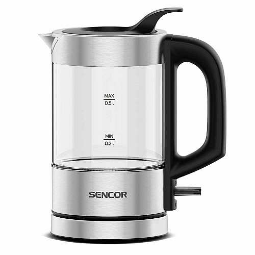 Электрочайник Sencor 0.5л, Strix, пластик, в комплекте 2 стакана + 2 ложки, стекло, нерж. сталь