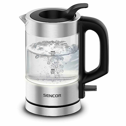 Электрочайник Sencor 0.5л, Strix, пластик, в комплекте 2 стакана + 2 ложки, стекло, нерж. сталь