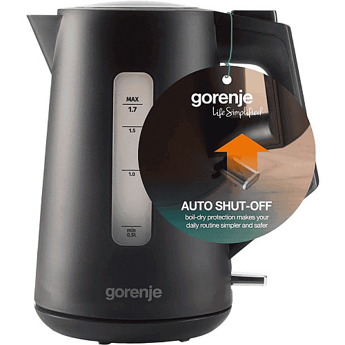 Електрочайник Gorenje 1.7л, Strix контроль, чорний матовий