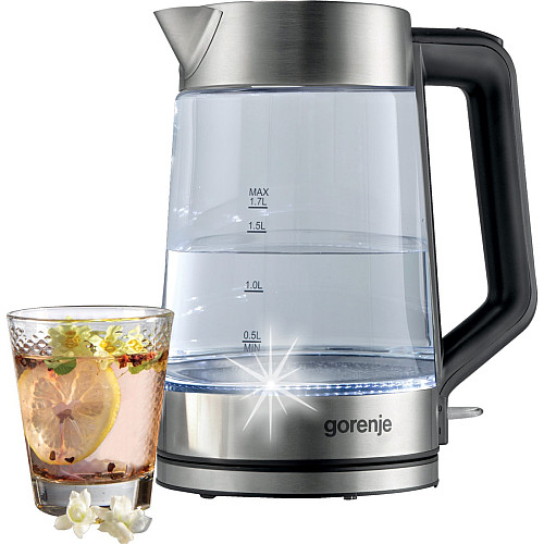 Електрочайник Gorenje 1.7л, 2,200 Вт, strix контроль, скло, нерж