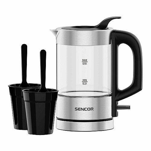 Электрочайник Sencor 0.5л, Strix, пластик, в комплекте 2 стакана + 2 ложки, стекло, нерж. сталь