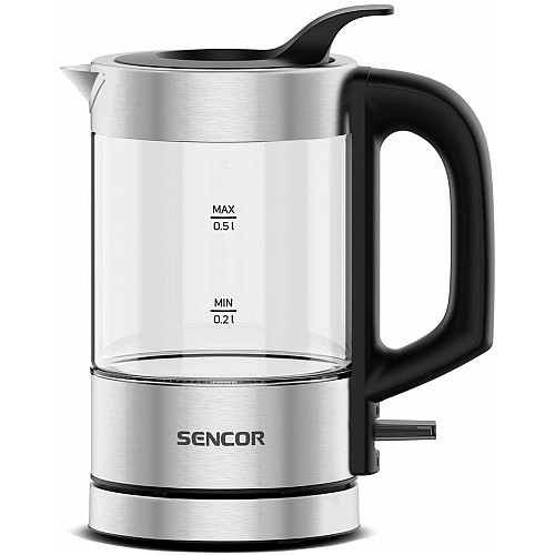 Электрочайник Sencor 0.5л, Strix, пластик, в комплекте 2 стакана + 2 ложки, стекло, нерж. сталь
