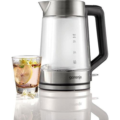 Електрочайник Gorenje 1.7л, 2,200 Вт, strix контроль, скло, нерж