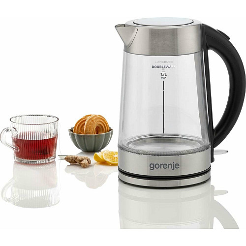 Електрочайник Gorenje 1.7л, 2,200 Вт, strix контроль, скло, нерж