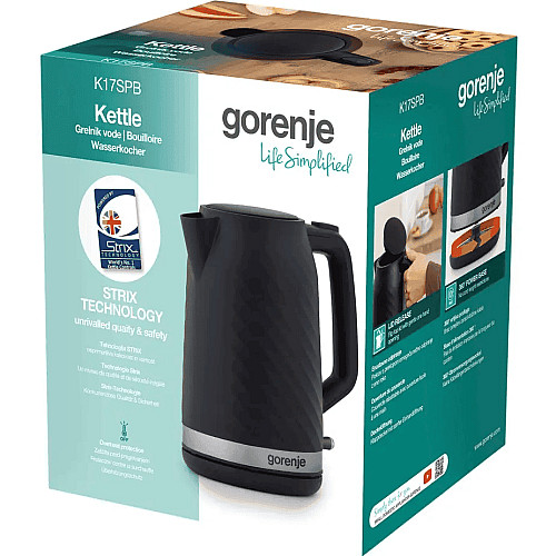 Електрочайник Gorenje 1.7л, Strix контроль, чорний матовий