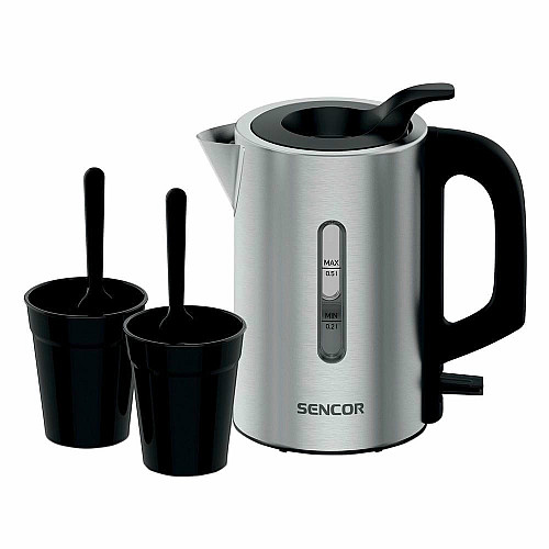 Электрочайник Sencor 0.5л, Strix, пластик, в комплекте 2 стакана + 2 ложки, нерж. сталь