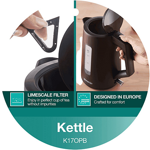 Електрочайник Gorenje 1.7л, Strix контроль, чорний матовий