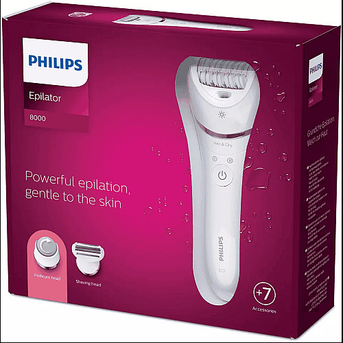 Эпилятор Philips Epilator Series 8000 дисковый, аккумуляторный, пинцет.-32, влажн.+сух., насадок-5, бело-розовый