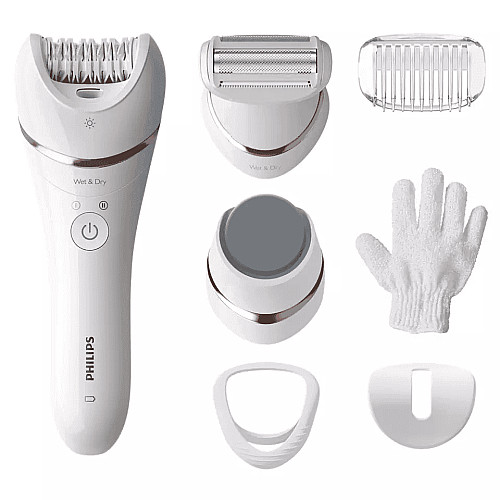 Эпилятор Philips Epilator Series 8000 дисковый, аккумуляторный, пинцет.-32, влажн.+сух., насадок-5, бело-розовый