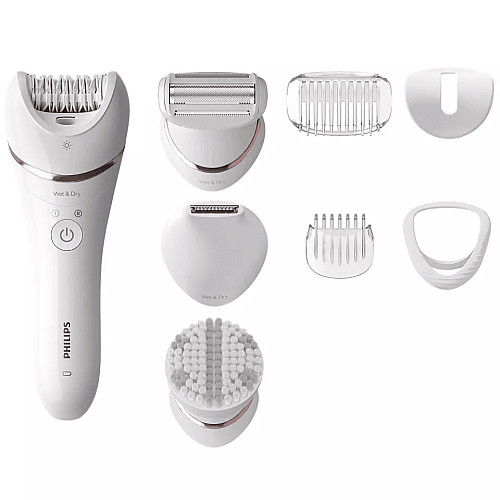 Епілятор Philips 8000 series дисковий, акумул., пінцет.-32, волог.+сух., насадок-7, футляр, білий