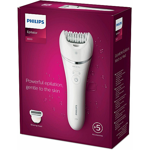 Эпилятор Philips 8000 series дисковый, аккумуляторный, пинцет.-32, влажн.+сух., насадок-4, с подсветкой, белый