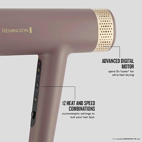 Фен Remington AIRvive, 1600Вт, 3 режима, диффузор, иониз-я, холл. обдув, фиолетово-золотой