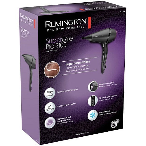 Фен Remington Supercare PRO 2100 AC motor, 2100Вт, 3 режима, иониз-я, холл. обдув, черный