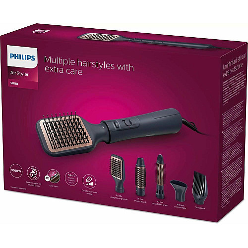 Фен-щетка Philips 5000 Series 1000Вт, 3 режима, ионизация, 5 насадок, синий