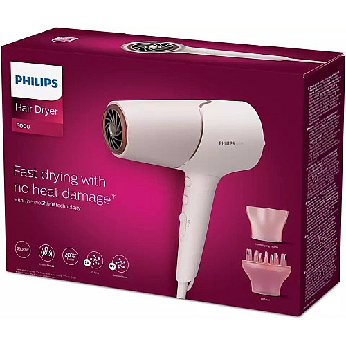 Фен Philips 5000 Series, 2300Вт, 3 режими, дифузор, іоніз-я, хол. обдув, біло-рожевий