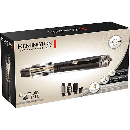 Фен-щетка Remington Blow Dry&Style Caring, 1000Вт, 2 режима, иониз-я, холл. обдув, чехол, керамика, черно-золотой