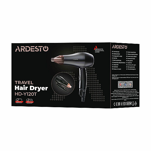 Фен ARDESTO HD-Y120T, дорожній, 1200Вт, складна ручка, 2 швидкості, 2 темп. режими, чорний