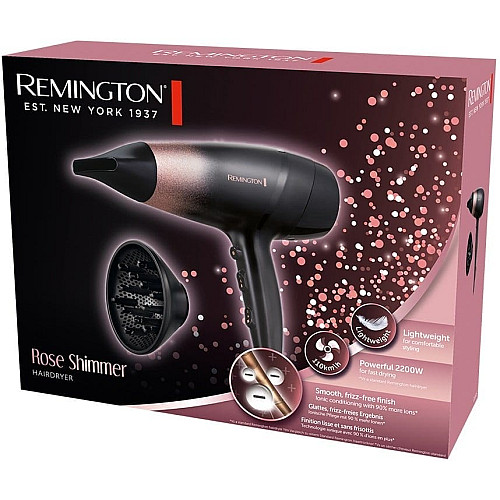 Фен Remington Rose Shimmer, 2200Вт, 3 режима, диффузор, иониз-я, холл. обдув, черно-розовый