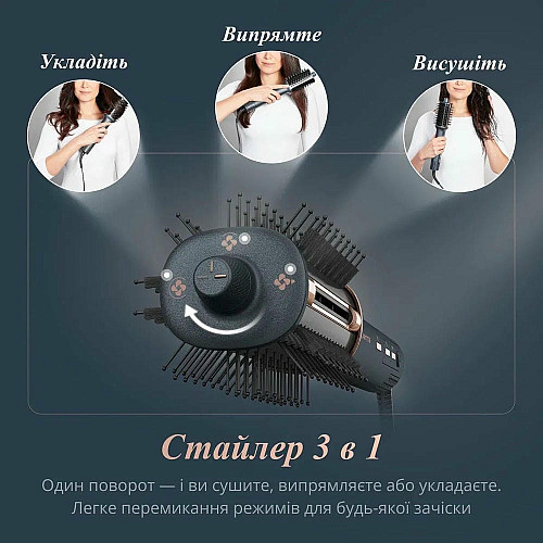 Фен-щетка Rowenta Air Brush 3D, 1200Вт, 3 режима, иониз-я, холл. обдув, функция фена, керамика, черно-золотой
