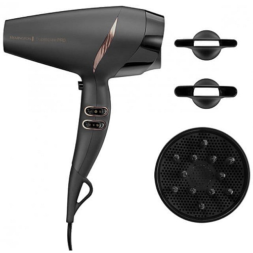 Фен Remington Supercare PRO 2200 AC motor, 2200Вт, 3 режима, диффузор, иониз-я, холл. обдув, черный