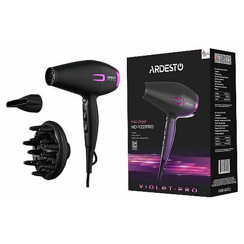 Фен ARDESTO Violet PRO HD-Y221PRO ,1750-2100Вт, 2 скорости, 3 темп.режимы, диффузор, черный