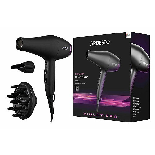 Фен ARDESTO Violet PRO HD-Y222PRO, 1850-2200Вт, 2 скорости, 3 темп. режима, диффузор, черный
