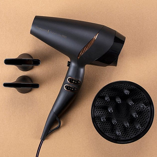 Фен Remington Supercare PRO 2200 AC motor, 2200Вт, 3 режима, диффузор, иониз-я, холл. обдув, черный