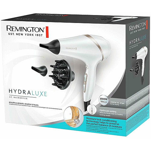 Фен Remington HydraLuxe, 2300Вт, 3 режима, диффузор, иониз-я, холл. обдув, белый
