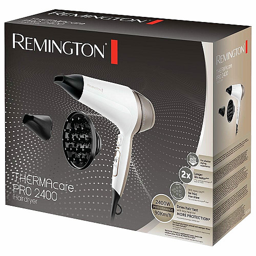Фен Remington Thermacare Pro, 2200Вт, 3 режима, диффузор, иониз-я, холл. обдув, турбо режим, бело-коричневый
