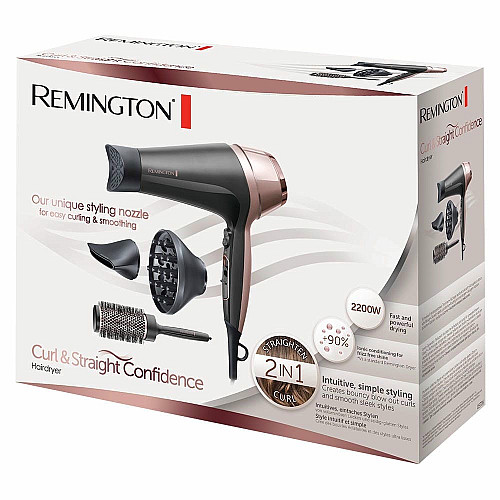Фен Remington Curl&Straight Confidence, 2200Вт, 3 режима, диффузор, расческа, иониз-я, холл. обдув, черно-беж