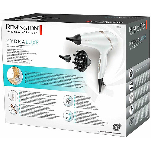 Фен Remington HydraLuxe, 2300Вт, 3 режима, диффузор, иониз-я, холл. обдув, белый