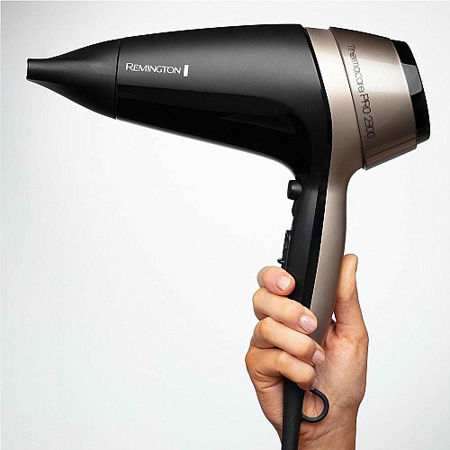 Фен Remington Thermacare Pro, 2100Вт, 3 режима, диффузор, турмалиновая иониз-я, холл. обдув, черно-коричневый