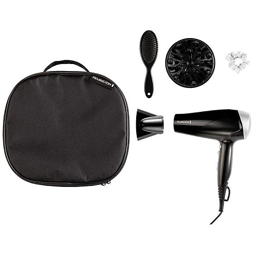 Фен Remington Style Edition, 2200Вт, 3 режима, иониз-я, холл. обдув, диффузор, расческа, резинка, кейс, черно-серый