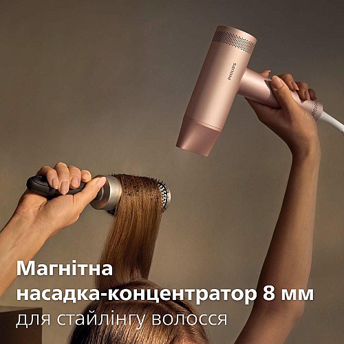 Фен Philips 8000 Series, 1400Вт, 3 режима, ионизация, холл. обдув, турборежим, розовый