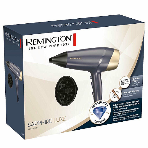 Фен Remington Sapphire Luxe, 2200Вт, 3 режима, диффузор, иониз-я, холл. обдув, сапфировый