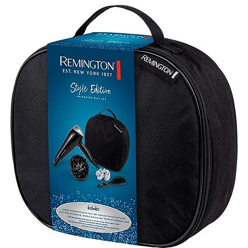 Фен Remington Style Edition, 2200Вт, 3 режима, иониз-я, холл. обдув, диффузор, расческа, резинка, кейс, черно-серый