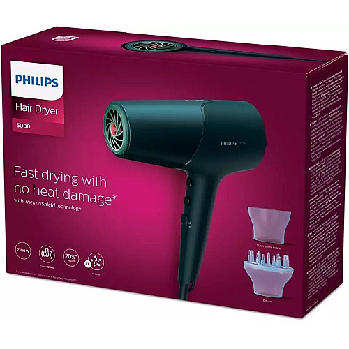 Фен Philips 5000 Series, 2300Вт, 3 режима, диффузор, иониз-я, холл. обдув, темно-синий