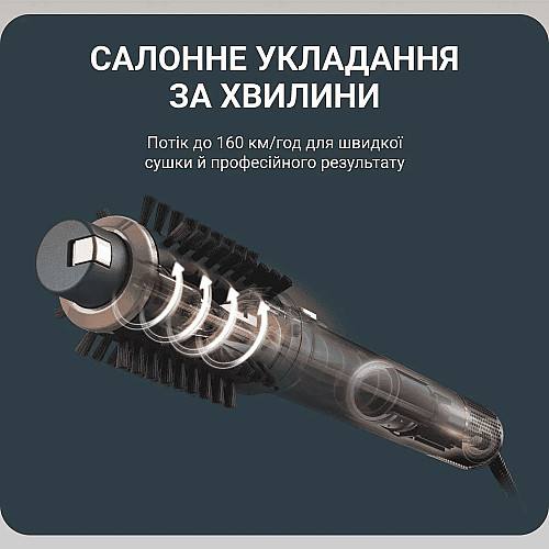 Фен-щітка Rowenta Air Rotate, 1300Вт, 4 режими, іоніз-я, хол. обдув, функція фену, 3 насадки, кераміка, чорно-золотий