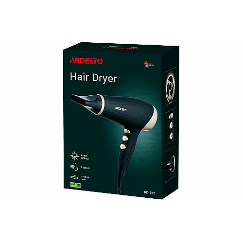Фен ARDESTO Gemini HD-522, 1800-2200Вт, 2 скорости, 3 темпера. режимы , функция Cool Shot, черный